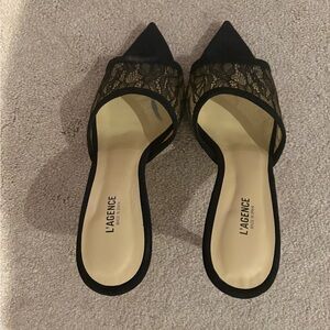 L'AGENCE Black and Gold Lace Heels